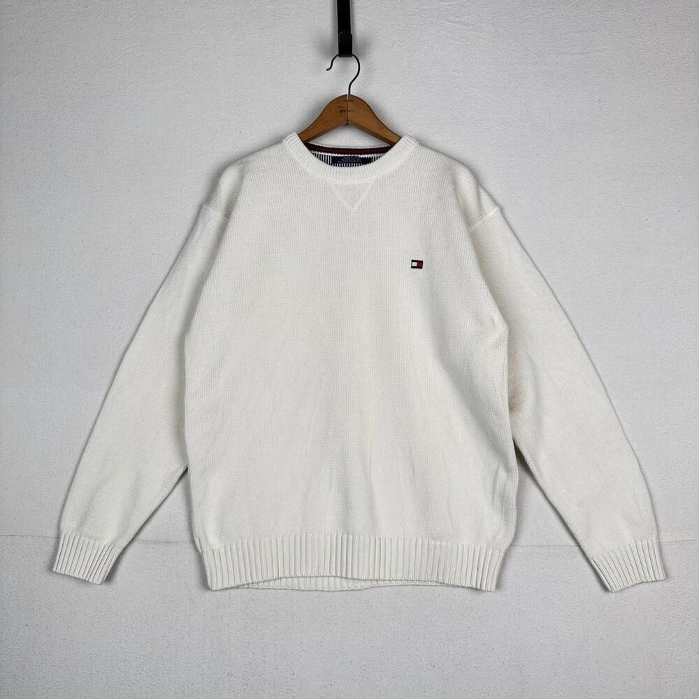 Vintage Tommy Hilfiger Men's Knit Cotton Crewneck Sweater Large White - Picture 1 of 9